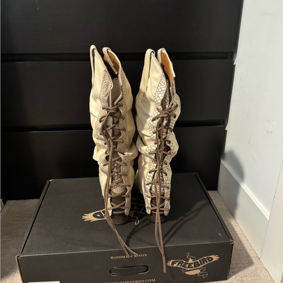 Freebird Cream and Tan Over the Knee Boots - Picture 3 of 4